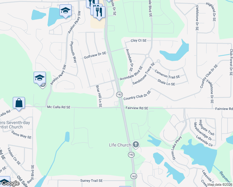 map of restaurants, bars, coffee shops, grocery stores, and more near 2139 Hickory Bend Southeast in Conyers