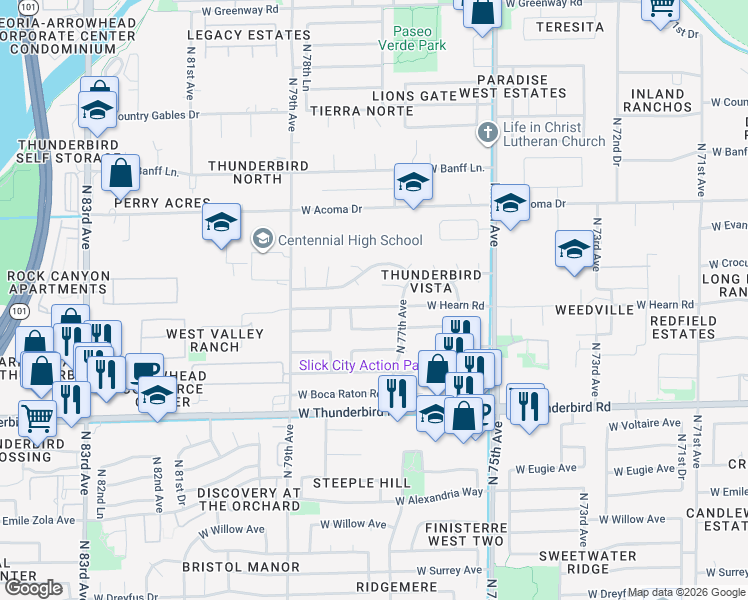 map of restaurants, bars, coffee shops, grocery stores, and more near 7748 West Redfield Road in Peoria