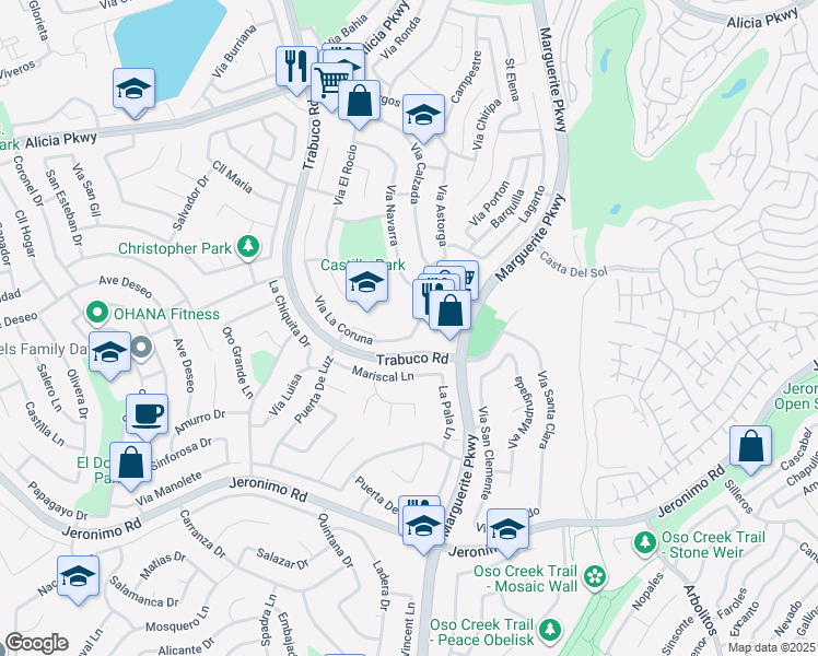 map of restaurants, bars, coffee shops, grocery stores, and more near 24061 Vía La Coruna in Mission Viejo