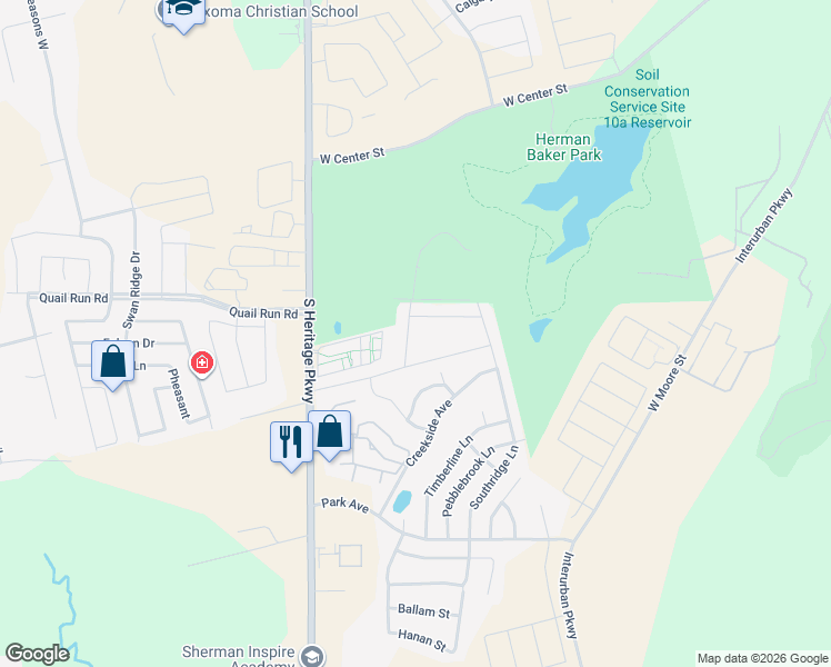 map of restaurants, bars, coffee shops, grocery stores, and more near 1206 Silverton Drive in Sherman