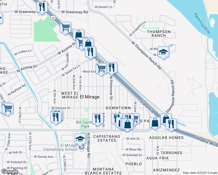 map of restaurants, bars, coffee shops, grocery stores, and more near 14306 North Primrose Street in El Mirage