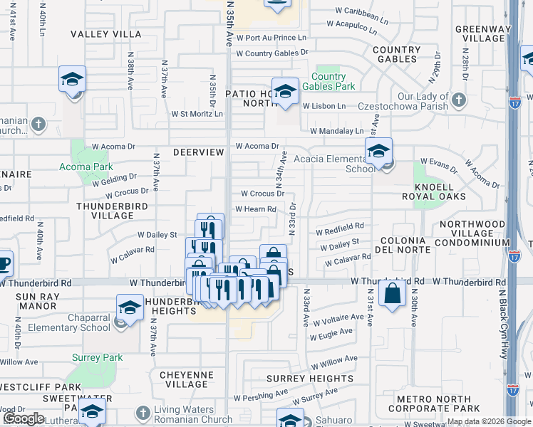 map of restaurants, bars, coffee shops, grocery stores, and more near 3401 North 34th Avenue in Phoenix