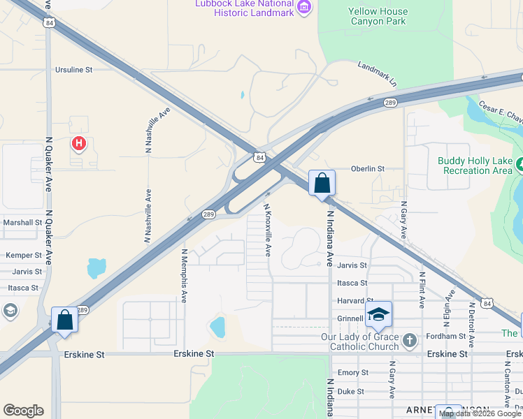 map of restaurants, bars, coffee shops, grocery stores, and more near 3605 Marshall Street in Lubbock