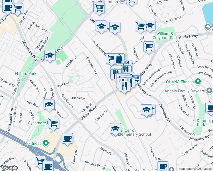 map of restaurants, bars, coffee shops, grocery stores, and more near 23962 Warsaw Street in Mission Viejo