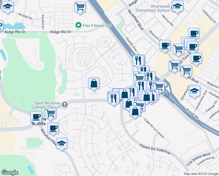 map of restaurants, bars, coffee shops, grocery stores, and more near 2056 Via Mariposa East in Laguna Woods