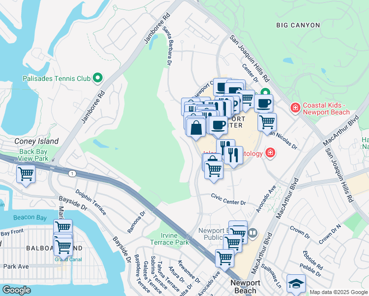 map of restaurants, bars, coffee shops, grocery stores, and more near 1075 Granville Drive in Newport Beach