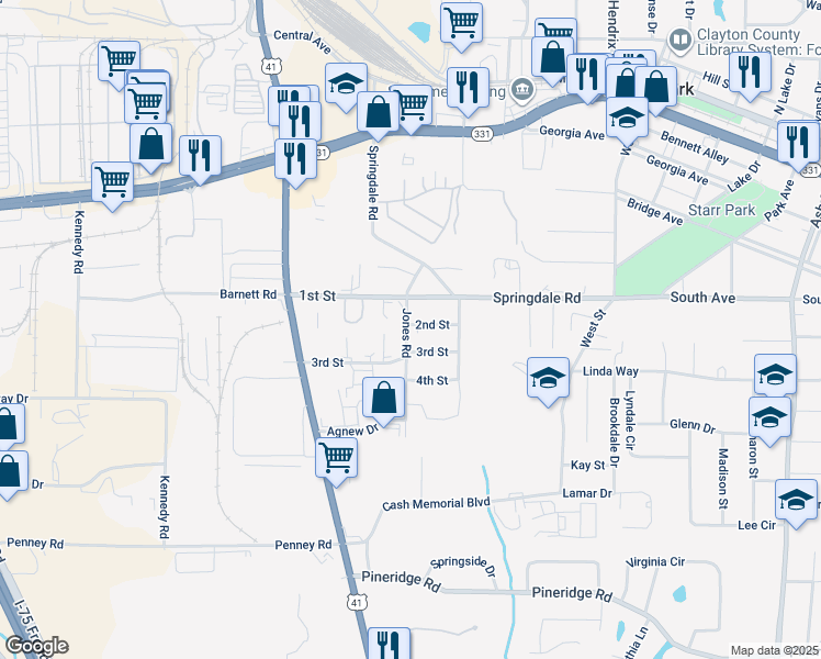 map of restaurants, bars, coffee shops, grocery stores, and more near 5136 Jones Road in Forest Park