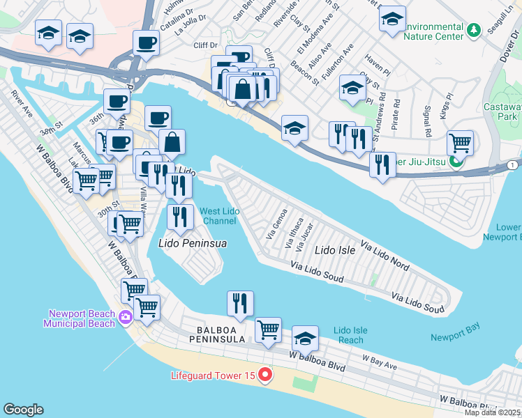 map of restaurants, bars, coffee shops, grocery stores, and more near 205 Via Eboli in Newport Beach