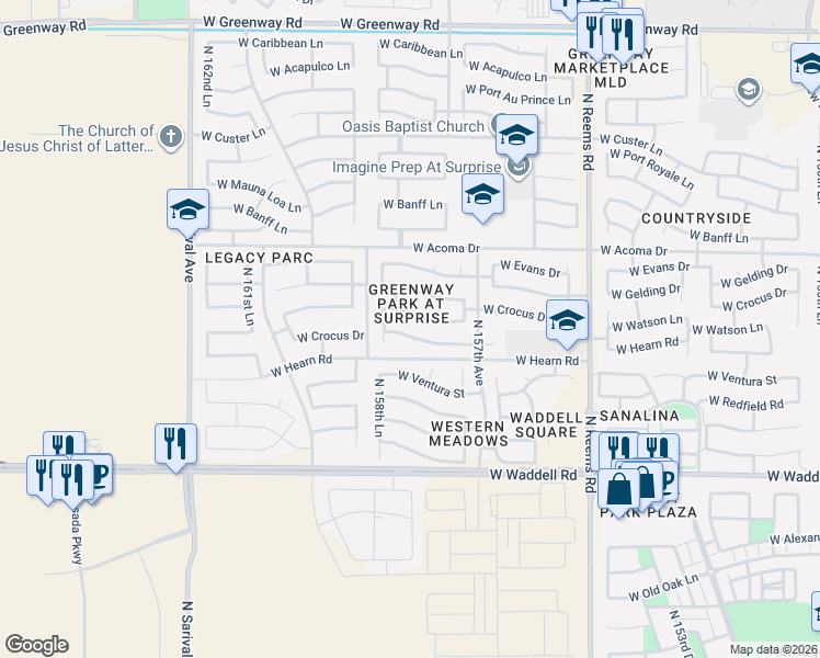 map of restaurants, bars, coffee shops, grocery stores, and more near 15836 West Crocus Drive in Surprise