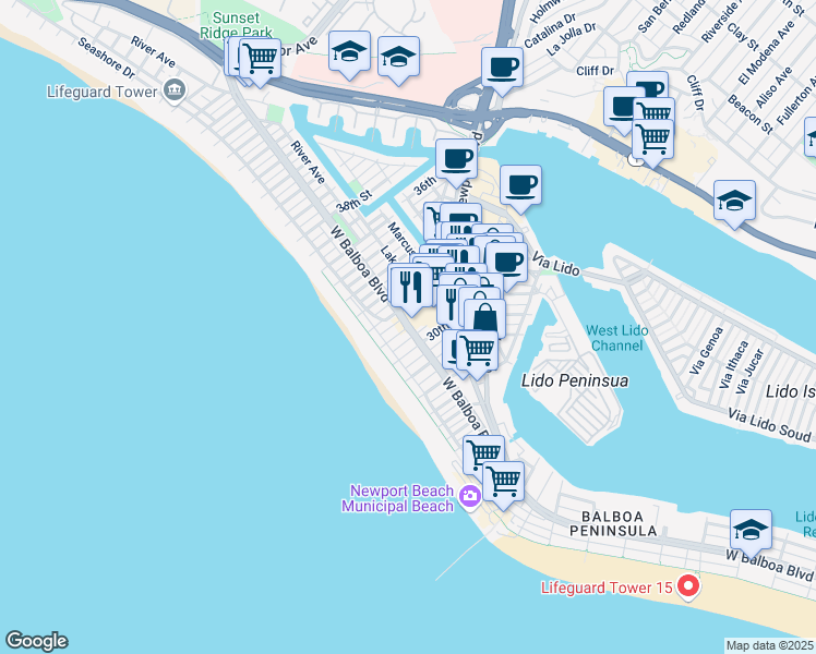 map of restaurants, bars, coffee shops, grocery stores, and more near 301 32nd Street in Newport Beach