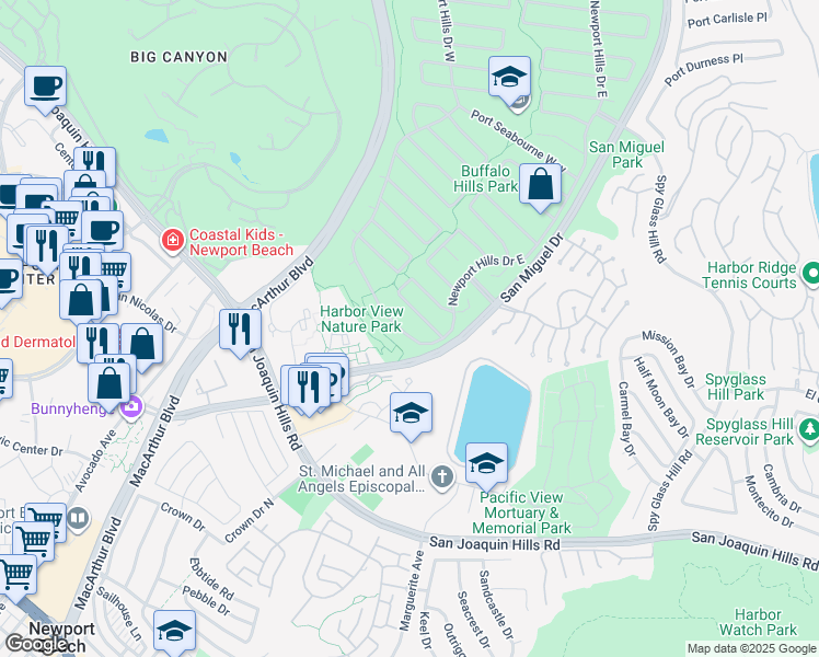 map of restaurants, bars, coffee shops, grocery stores, and more near 1831 Newport Hills Drive West in Newport Beach