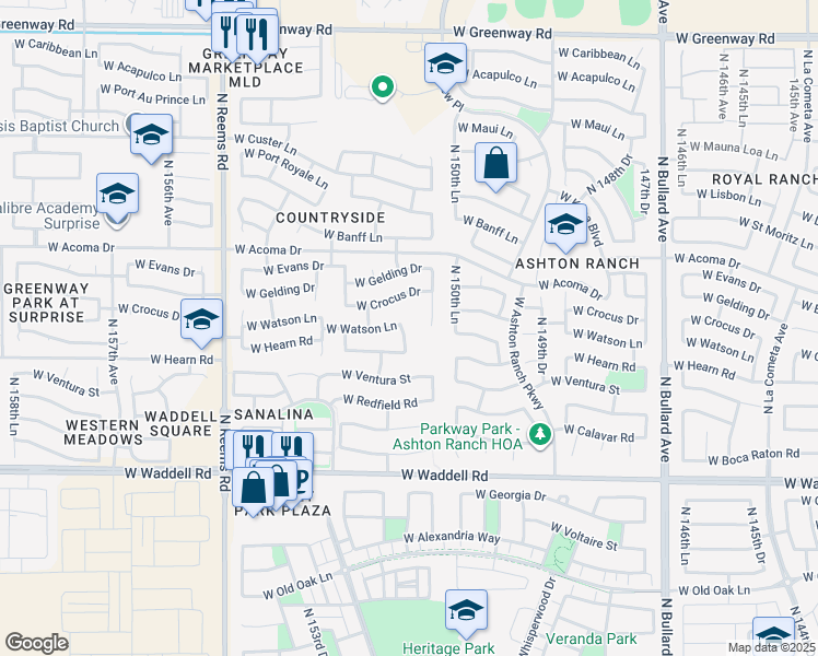 map of restaurants, bars, coffee shops, grocery stores, and more near 14362 North 151st Drive in Surprise