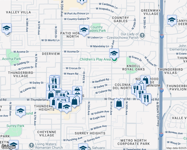 map of restaurants, bars, coffee shops, grocery stores, and more near 3217 West Crocus Drive in Phoenix