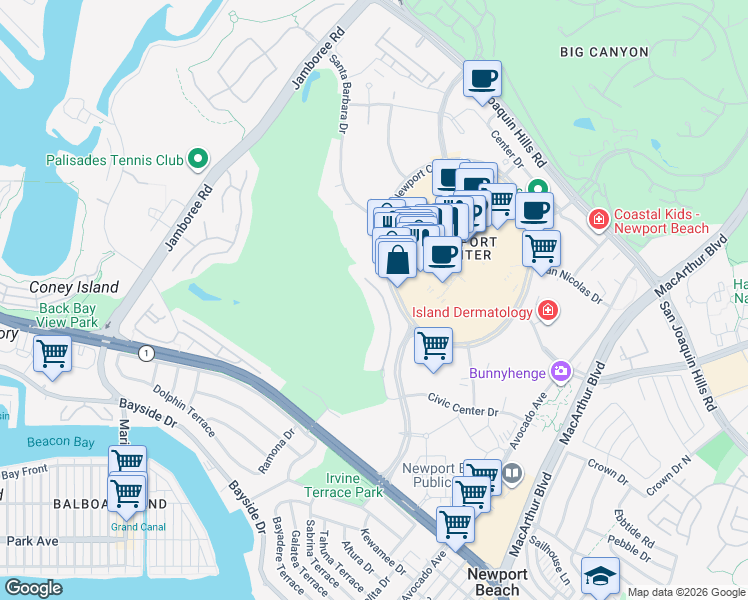 map of restaurants, bars, coffee shops, grocery stores, and more near 1075 Granville Drive in Newport Beach