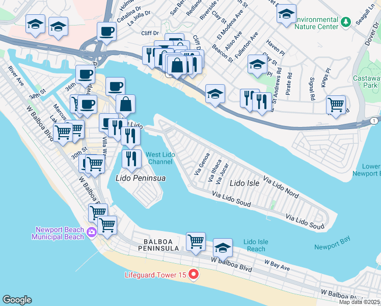 map of restaurants, bars, coffee shops, grocery stores, and more near 207 Via Eboli in Newport Beach