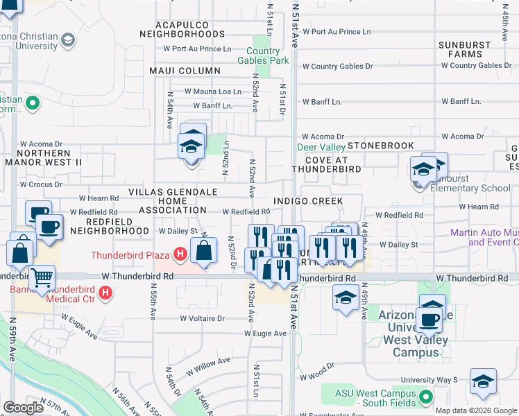 map of restaurants, bars, coffee shops, grocery stores, and more near 5126 West Hearn Road in Glendale