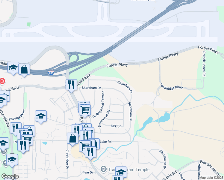 map of restaurants, bars, coffee shops, grocery stores, and more near 1318 Shoreham Drive in Atlanta