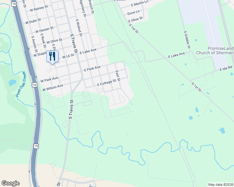 map of restaurants, bars, coffee shops, grocery stores, and more near 2119 South Branch Street in Sherman