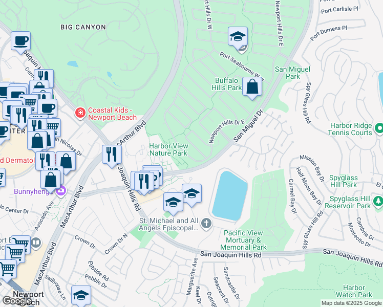 map of restaurants, bars, coffee shops, grocery stores, and more near 1831 Newport Hills Drive West in Newport Beach