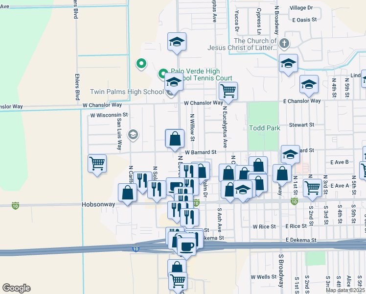 map of restaurants, bars, coffee shops, grocery stores, and more near 310 North Lovekin Boulevard in Blythe