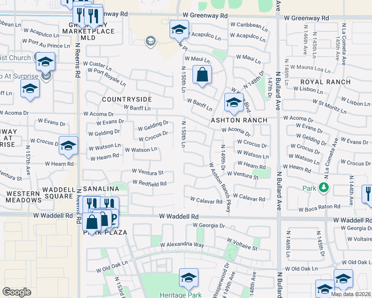 map of restaurants, bars, coffee shops, grocery stores, and more near 15026 West Crocus Drive in Surprise