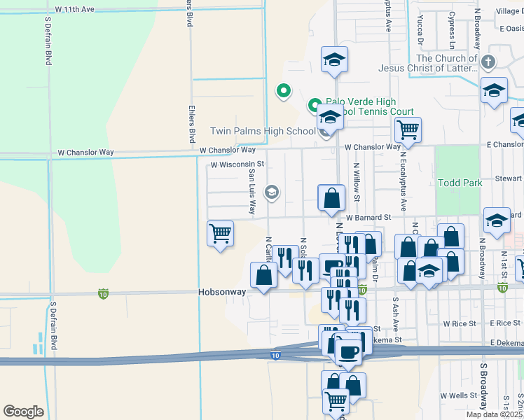 map of restaurants, bars, coffee shops, grocery stores, and more near 350 San Luis Way in Blythe