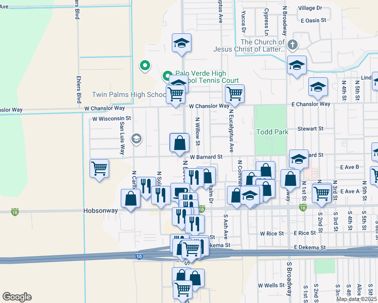 map of restaurants, bars, coffee shops, grocery stores, and more near 310 North Lovekin Boulevard in Blythe