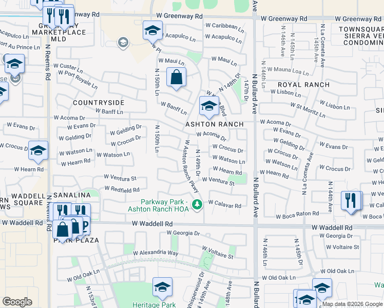 map of restaurants, bars, coffee shops, grocery stores, and more near 14916 West Watson Circle in Surprise