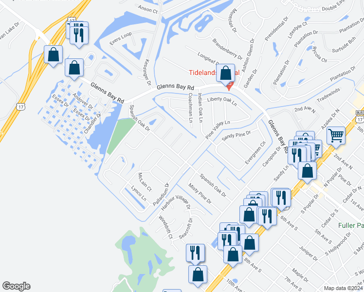 map of restaurants, bars, coffee shops, grocery stores, and more near 9 Pierce Place in Myrtle Beach