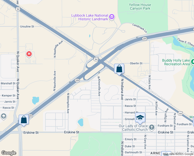 map of restaurants, bars, coffee shops, grocery stores, and more near 3415 North Knoxville Avenue in Lubbock