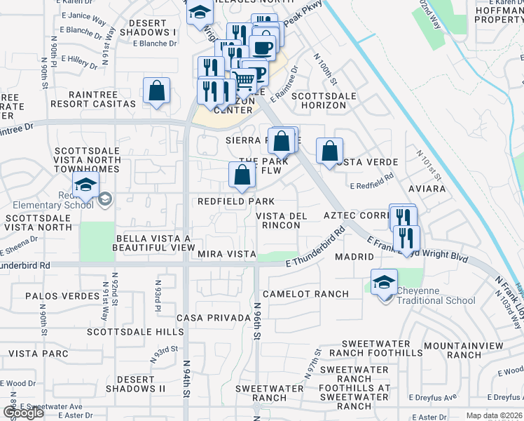 map of restaurants, bars, coffee shops, grocery stores, and more near 9642 East Palm Ridge Drive in Scottsdale
