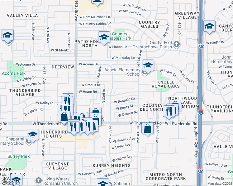 map of restaurants, bars, coffee shops, grocery stores, and more near 3217 West Crocus Drive in Phoenix