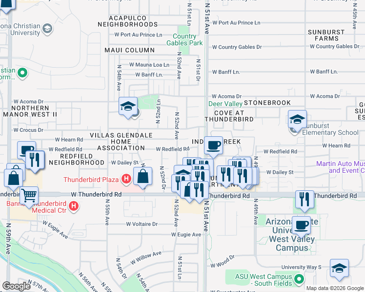 map of restaurants, bars, coffee shops, grocery stores, and more near 5126 West Hearn Road in Glendale