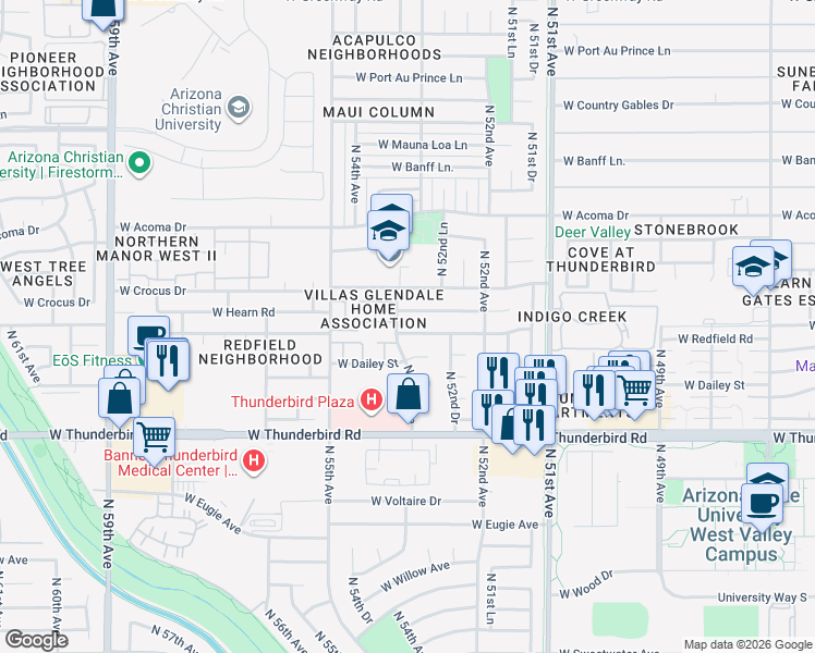 map of restaurants, bars, coffee shops, grocery stores, and more near 5256 West Hearn Road in Glendale