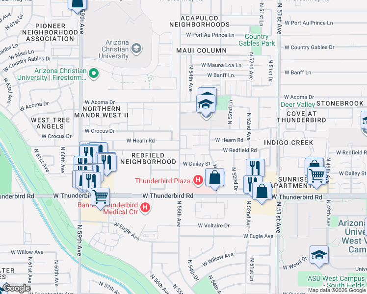 map of restaurants, bars, coffee shops, grocery stores, and more near 14201 North 55th Drive in Glendale