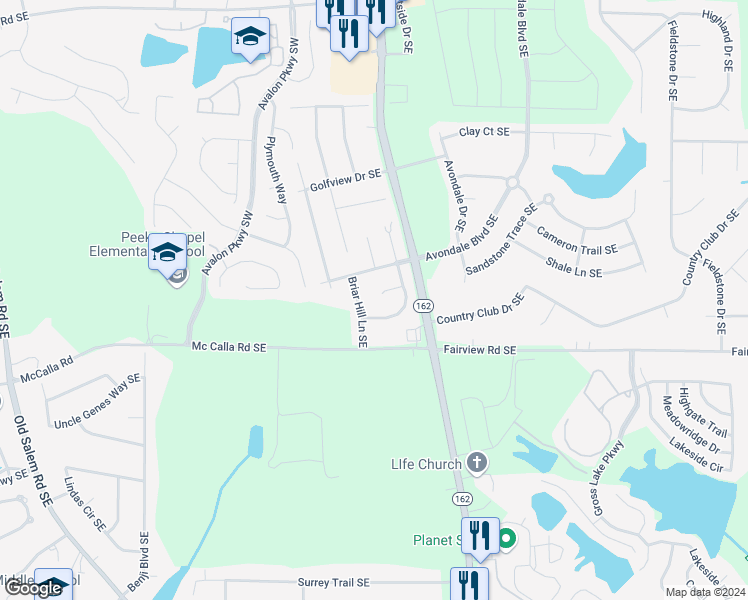 map of restaurants, bars, coffee shops, grocery stores, and more near 2142B Meadowview Court Southeast in Conyers