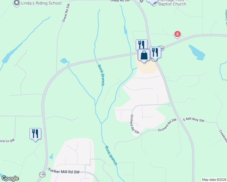 map of restaurants, bars, coffee shops, grocery stores, and more near 3107 Claridge Drive Southwest in Conyers