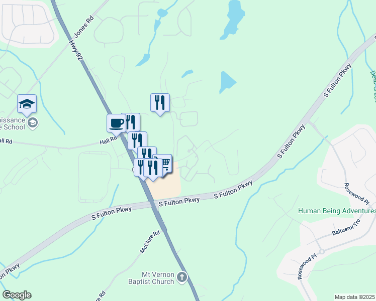 map of restaurants, bars, coffee shops, grocery stores, and more near 5165 Thompson Road in Fairburn