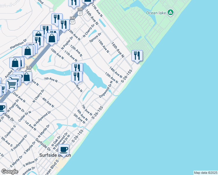 map of restaurants, bars, coffee shops, grocery stores, and more near 117 13th Avenue North in Surfside Beach