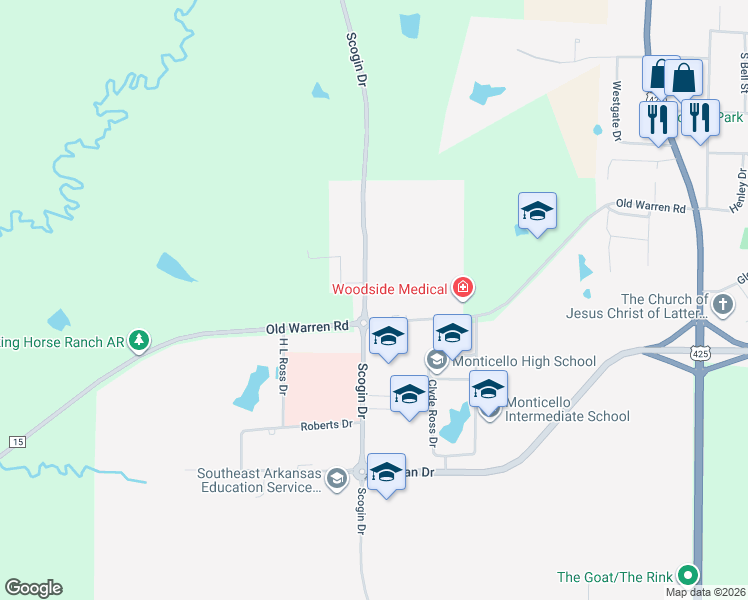 map of restaurants, bars, coffee shops, grocery stores, and more near 536 Southern Oaks in Monticello