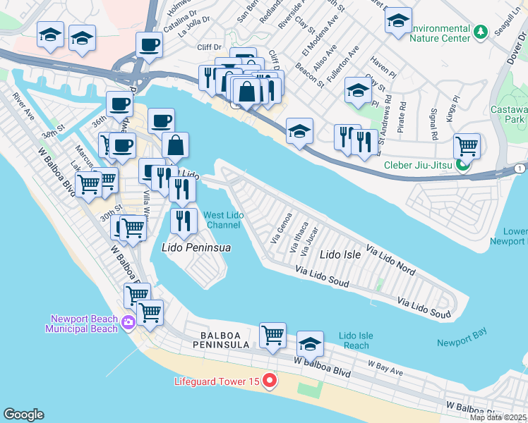 map of restaurants, bars, coffee shops, grocery stores, and more near 205 Via Eboli in Newport Beach