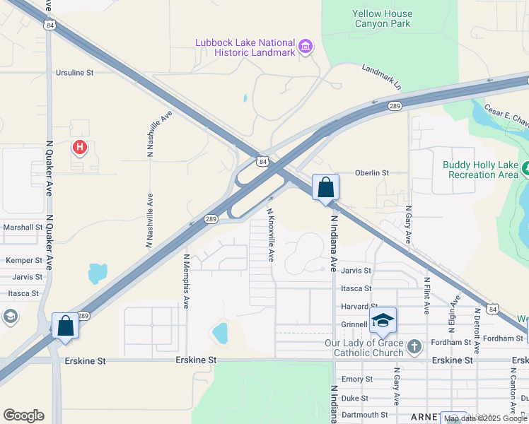 map of restaurants, bars, coffee shops, grocery stores, and more near 3415 North Knoxville Avenue in Lubbock