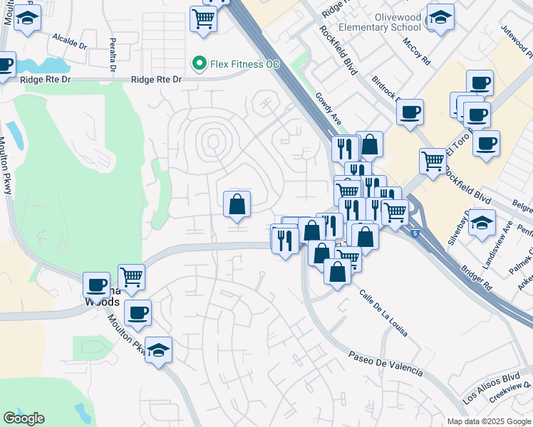 map of restaurants, bars, coffee shops, grocery stores, and more near 2070 Via Mariposa East in Laguna Woods