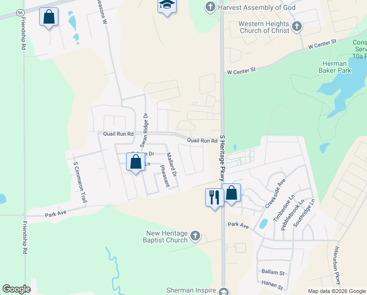 map of restaurants, bars, coffee shops, grocery stores, and more near 1301 Saratoga Drive in Sherman