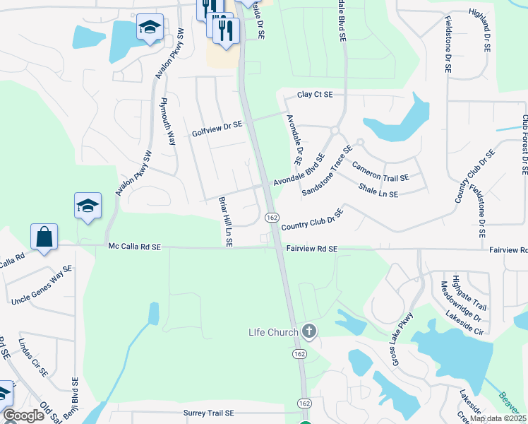 map of restaurants, bars, coffee shops, grocery stores, and more near 2139 Hickory Bend Southeast in Conyers