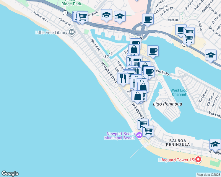 map of restaurants, bars, coffee shops, grocery stores, and more near 3312 West Oceanfront in Newport Beach