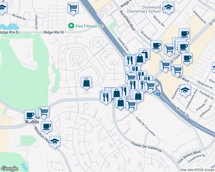 map of restaurants, bars, coffee shops, grocery stores, and more near 2049 Via Mariposa East in Laguna Woods