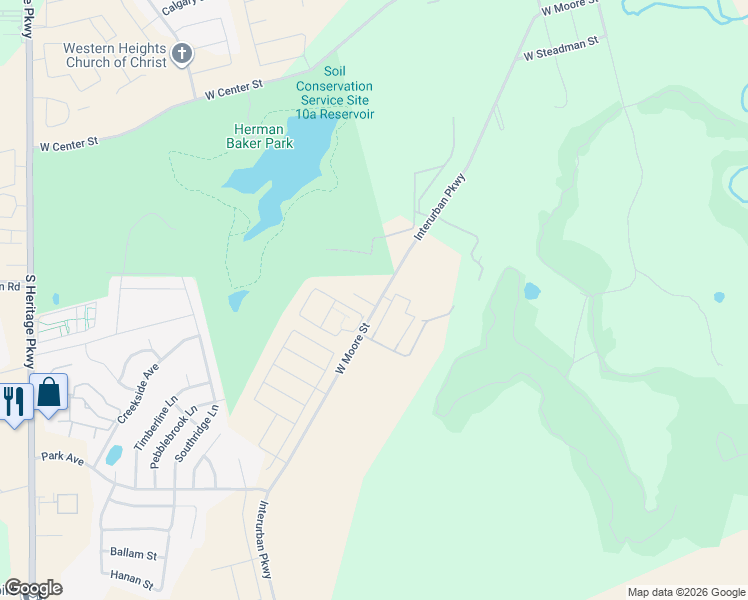 map of restaurants, bars, coffee shops, grocery stores, and more near 2101 West Moore Street in Sherman