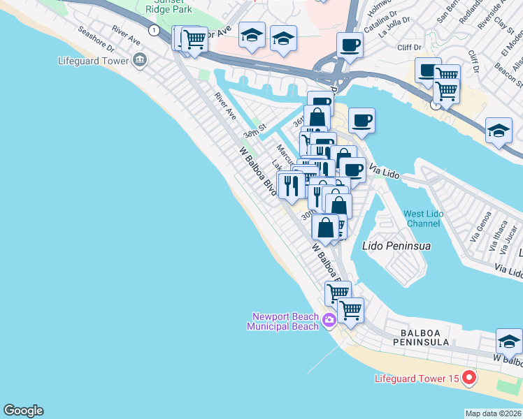 map of restaurants, bars, coffee shops, grocery stores, and more near 3206 West Oceanfront in Newport Beach