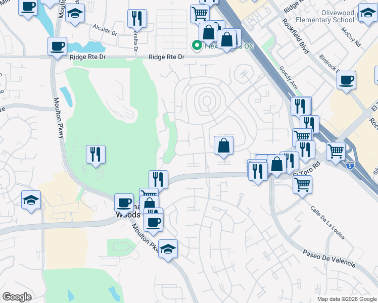 map of restaurants, bars, coffee shops, grocery stores, and more near 2347 Via Mariposa East in Laguna Woods